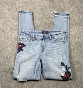 Abercrombie Fitch Jeans Womens 4/27 Blue Floral Embroidery Distressed Skinny Raw - Picture 1 of 16