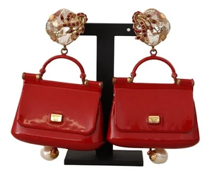 DOLCE & GABBANA Earrings Gold Red Sicily Bag Crystal DG Clip-on Jewelry Dangling - Picture 1 of 13