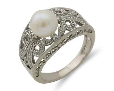 Women 8.0 mm Pearl & Diamond Ring 10k White Gold - Image 1 of 4