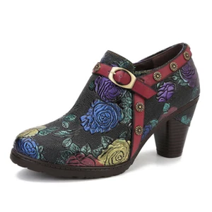 Spring Women Fashion Round Toe Side Zipper High Heel Romantic Retro Rose Shoes - Picture 1 of 10
