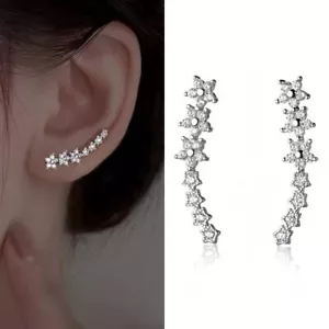Elegant Crystal Climbing Ear Cuff Hoop Stud 925 Sterling Silver Climber Earrings - Picture 1 of 6