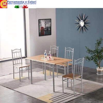 Tavolo Acciaio e MDF Effetto Legno Rettangolare 120 x 70 x h75 cm Con 4 Sedie - Immagine 1 di 2