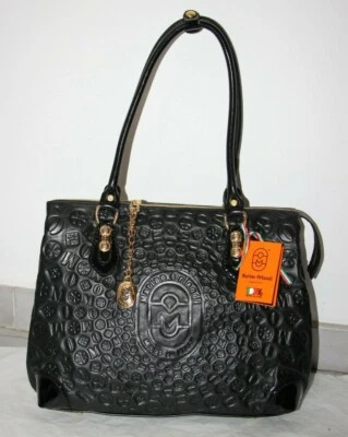 Bolso de Mano Grande Marino Orlandi Signature Cuero Negro Repujado con Asas Largas Foto 1 de 4