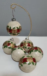 Retro Glass Bulb Ornaments - 3" Set of 6 - Bells &Holly with Gold Glitter - Picture 1 of 11