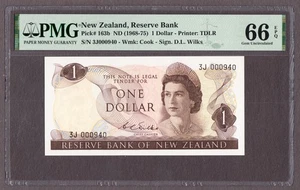 Neuseeland 1 $ ND (1968-75) Wilks Prefix 3J 000940 Pick-163b GEM UNC PMG 66 EPQ - Bild 1 von 2