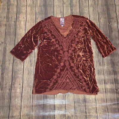 Johnny Was Tunic Womens S Rust Shobah Velvet 3/4 Sleeve Embroidery Boho - Image 1 of 4