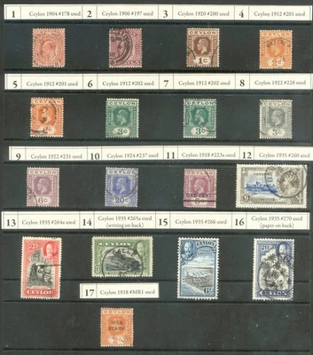 Lote de 17 estampillas usadas de Ceilán de 1904-1935 Scott 178-270 C.V. $9,30 Cey1 Foto 1 de 2