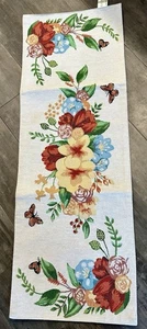 Sonoma Embroidered Woven Floral Table Runner 37"x13" Flowers Butterflies - Picture 1 of 16