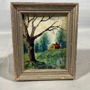 Hand Painted Signed MCM Framed Tile Signed Art Work Tree Farm House Rustic 1971 - Picture 1 of 10