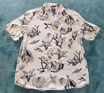 H&M Hawaiian Button Up Shirt Mens Size L White w/ Black Sea Shells Short Sleeve - Image 1 of 4
