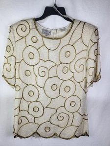 Vintage Stenay Womens Silk Beaded Top, Ivory & Gold Size Large - Picture 1 of 14
