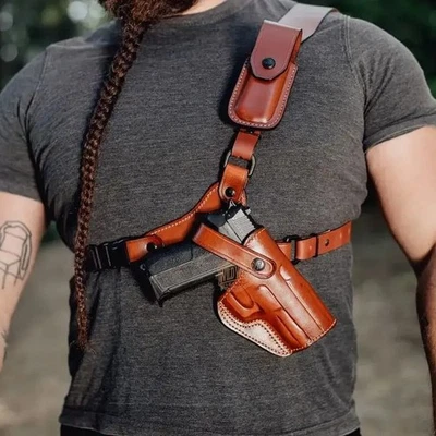 Funda de cuero estilo Alaska EDC para pistola de pecho con bolsa de cargador para Glock y 1911 Foto 1 de 4