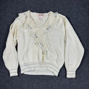 Vintage 80s 90s Jaclyn Smith Ruffle Sweater Womens Large L Ivory Silver - Picture 1 of 9