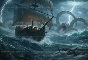 GIANT KRAKEN SEA MONSTER ART PRINT, Fantasy Sea Battle Decor, Pirate Ship Poster - Picture 1 of 2