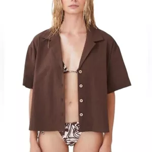 NWT Cotton On Body Beach Short Sleeve Button Up Cropped Shirt Chocolate Size XL - Picture 1 of 8