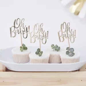 12 Gold Oh Baby Cupcake Toppers Baby Shower Cake Muffin Decoration Gender Reveal - Picture 1 of 1