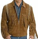Men Native American Cowboy Leather Jacket Fringe & Beads Western Suede Jacket