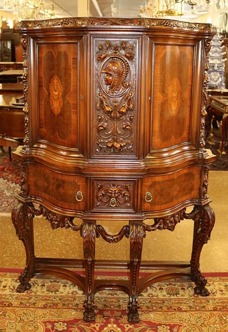 French Mixed Wood Inlaid Figural China Curio Liquor Cabinet Circa 1920's Cover