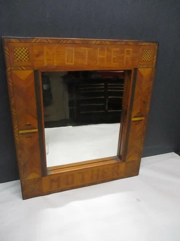 Antique Mirror Folk Art Inlaid "MOTHER" Mirror All Original 16 1/2" x 14 1/2" Cover