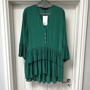 Zara Women's Blouse Pleated Hem & Cuffs High Low Hem Green Size Medium Brand New
