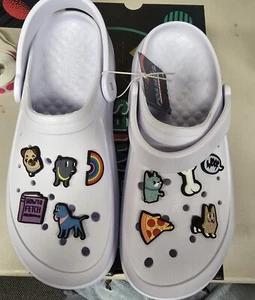 Skechers Foamies White Clog Pup Dog Pug Bulldog Rainbow Bone Women Size 10 - Picture 1 of 5