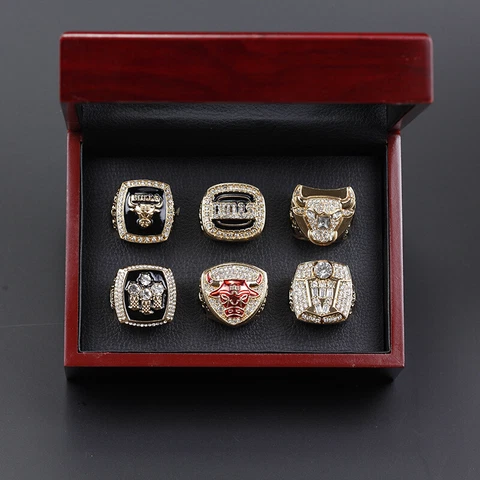 6Pcs NBA Chicago Bulls Championship Ring Set  Size 11 Gift Wooden Display Box Cover