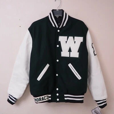 NUEVO CON ETIQUETAS THE ORIGINAL HOLLOWAY Chaqueta Universitaria Letterman Cuero Lana Verde/Blanco Talla S Foto 1 de 4