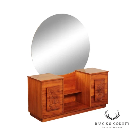 Mid Century Modern Hawaiian Carved Koa Wood Vanity and Mirror Cover