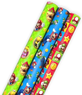 Rollos de papel de envolver Hallmark Nintendo Super Mario para amarillo, verde, rojo  Foto 1 de 4