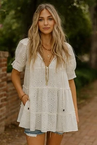 We The Free Boho Ivory Eyelet Flowy Oversized Babydoll Tunic M - Picture 1 of 5