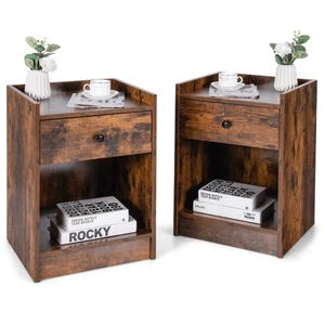 Set of 2 Nightstand with Drawer Cabinet End Side Table Raised Top Rustic Brown - Picture 1 of 12