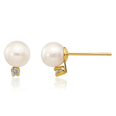 14K Solid Yellow Gold 5mm White Round Freshwater Cultured Pearl Diamond Stud ... - Image 1 of 4