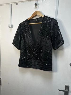 Size 12 lipsy black sequin  top with sheer back Christmas party new years top - Image 1 of 4
