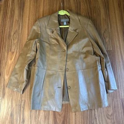 Abrigo Chaqueta Jessica Holbrook Cuero Tostado 3 Botones Bohemio Clásico Forrado Talla 1X Foto 1 de 3