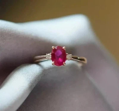 2Ct Oval Cut Lab Created Ruby Three-Stonec Engagement Ring 14K Yellow GoldPlated - Image 1 of 4