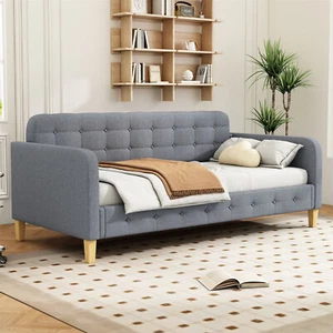 Daybett Schlafsofa Tagesbett Sofabett Einzelbett 90 x 200 cm Leinenbezug Grau - Bild 1 von 10