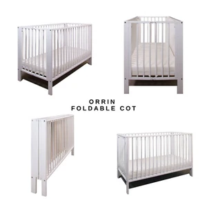 New Wooden Orrin Baby White Foldable Cot – optional Fibre Mattress 120x60x10cm - Picture 1 of 10