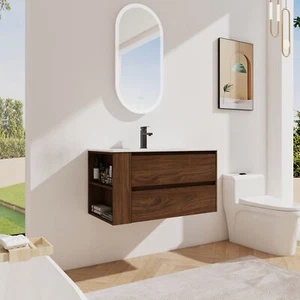 36" Floating Wall Mounted Bathroom Vanity Cabinet Ceramic Sink Side Shelf Brown - Picture 1 of 9