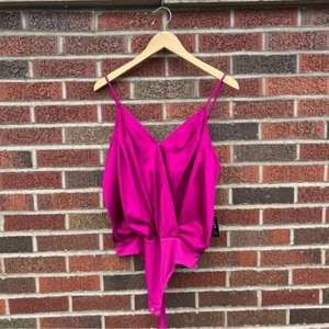 Express Fuchsia Pink Silk Like Surplice Front Spaghetti Strap Bodysuit - Picture 1 of 5