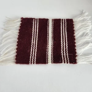 WOVEN WOOL MEXICAN SMALL MINI RUG BLANKET COASTER  5.5" X 5" Maroon White Stripe - Picture 1 of 5