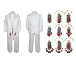 Baby Boy Teen Christen Formal White Paisley Suit Gold Virgin Mary on Stole SM-20 - Picture 1 of 20