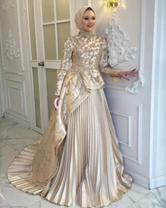 Vestidos de noche musulmanes champán apliques plisados volantes vestidos de novia personalizados - Imagen 1 de 9