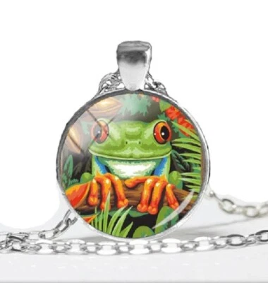 RED-EYED TREE FROG 1-1/8" Metal & Acrylic Pendant 22" Necklace (#7) - Image 1 of 2