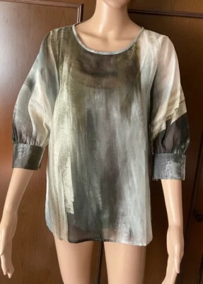 MARINA RINALDI silk blend blouse Woman, dark green size 13 IT 40 DE 34 US 4 GB 8 - Immagine 1 di 4