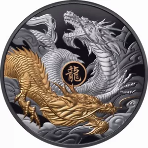 Niue 2024 YEAR DRAGON Dueling $10 5 Oz Gilded Silver BLACK Proof — SERIAL #818 - Picture 1 of 9