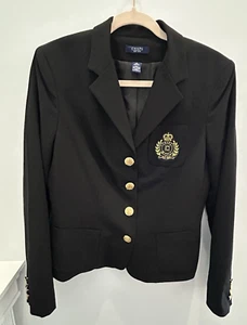 Chaps Ralph Lauren Crest Blazer Black Gold Buttons Women Pockets Academia Medium - Picture 1 of 13