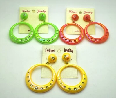 3 PAIR ROUND LARGE YELLOW GREEN ORANGE PLASTIC EARRINGS FASHION JEWELRY LOT  #3 - Image 1 of 4