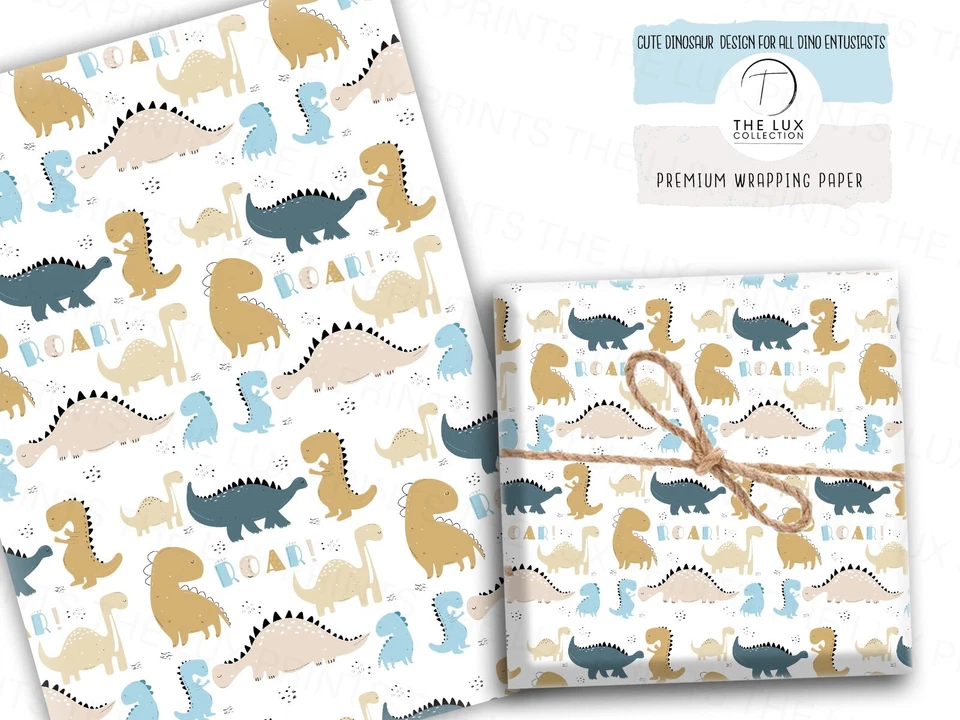 Dinosaur Cute Gift Wrapping Paper Birthday Celebration Luxury Present Wrap Boys - Image 1 of 1