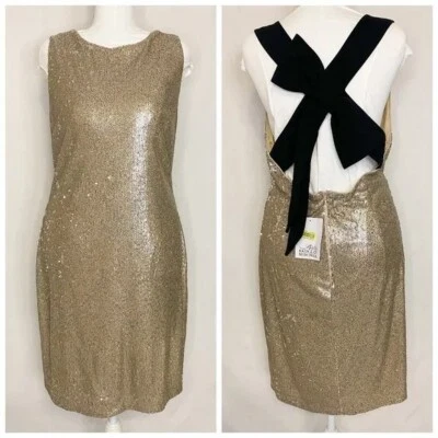 Belle Badgley Mischka Bow Sequin Cocktail Dress Champagne Gold Size 10 NWT $189 - Image 1 of 4