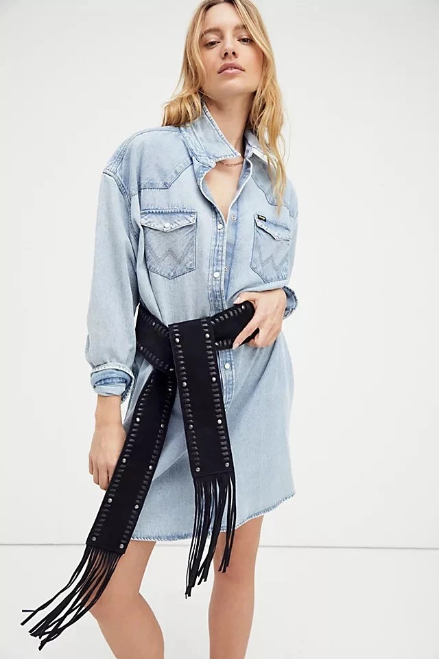 NUEVO CINTURÓN ENVOLVENTE FREE PEOPLE GAMUZA TACHONADO BLAIRE FLECOS EN NEGRO Foto 1 de 1